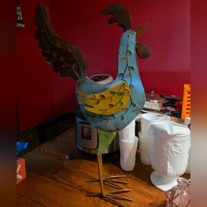 Decorative Metal Rooster Sculpture - Blue and Yellow